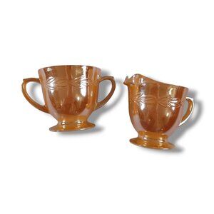Vintage Fire King Creamer And Sugar Bowl Set Peach Lusterware Laurel Leaf USA